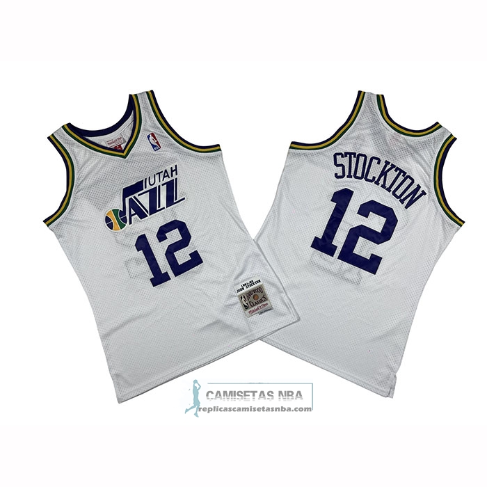 Camiseta Utah Jazz John Stockton NO 12 Mitchell & Ness 1991-92 Blanco